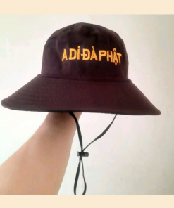 Mũ rộng vành thêu chữ nổi A Di Đà Phật có quai, vải thô, màu nâu